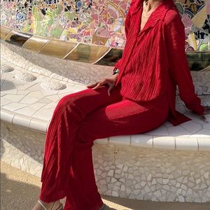 Red plisse two piece